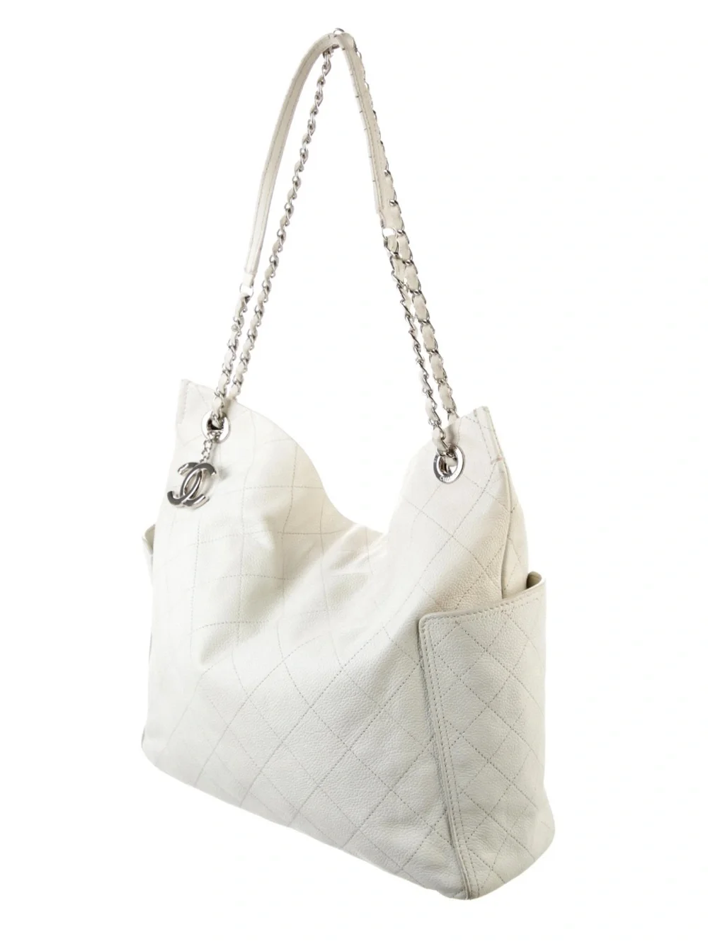 CHANEL White Quilted Leather Chain Shoulder Tote